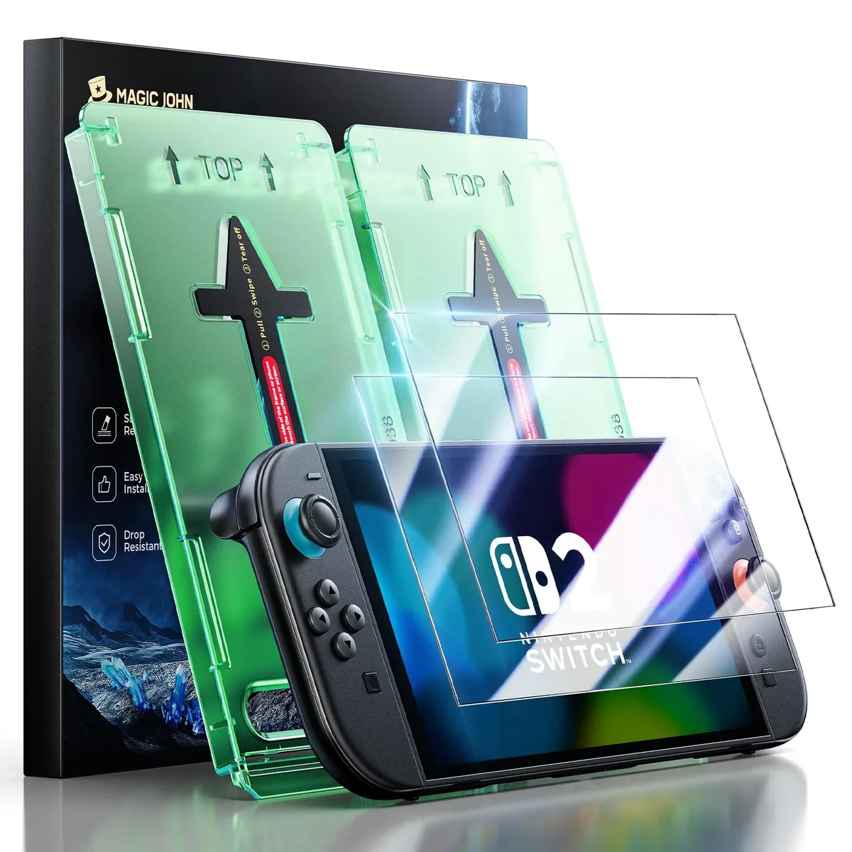 Two clear glossy tempered-glass screen protectors for Nintendo Switch 2, 7.9 inch, with alignment frame and cleaning wipes