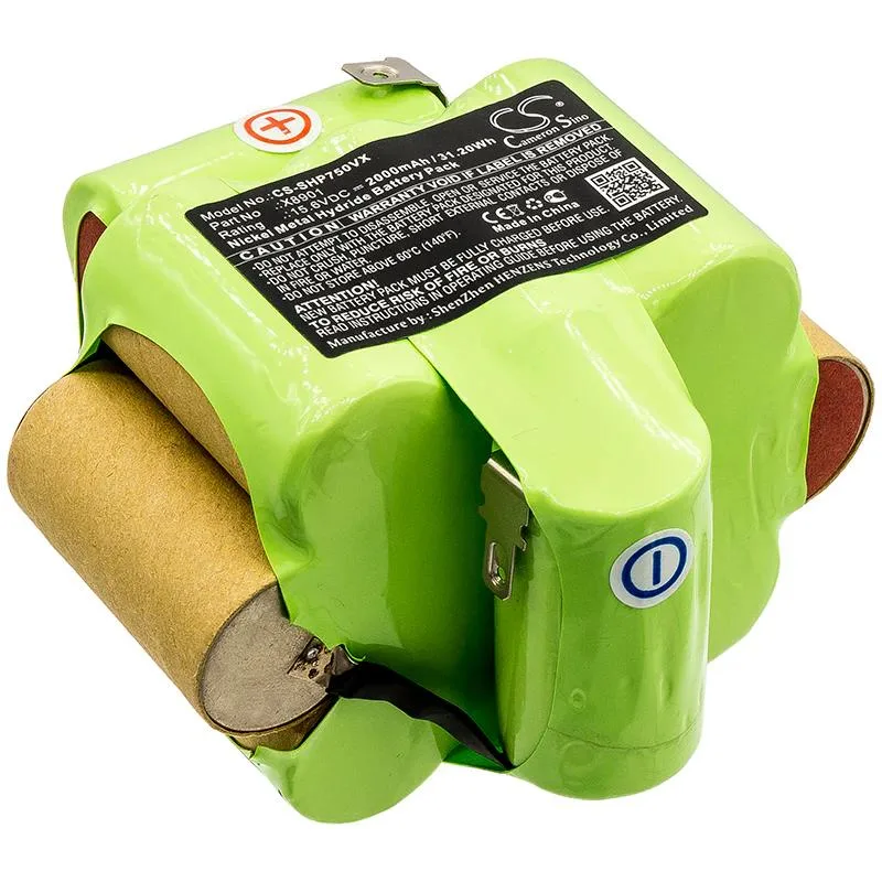 Rectangular replacement battery with black plastic casing and label