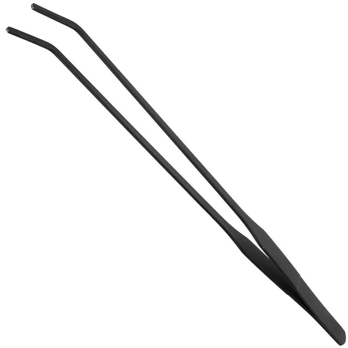 15 inch black curved stainless steel tweezers with anti-slip serrated tips and carbonation protection coating
