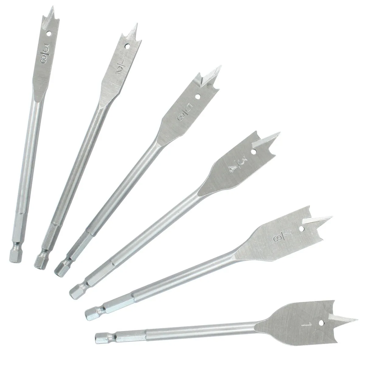 Six titanium spade drill bits with hex shanks