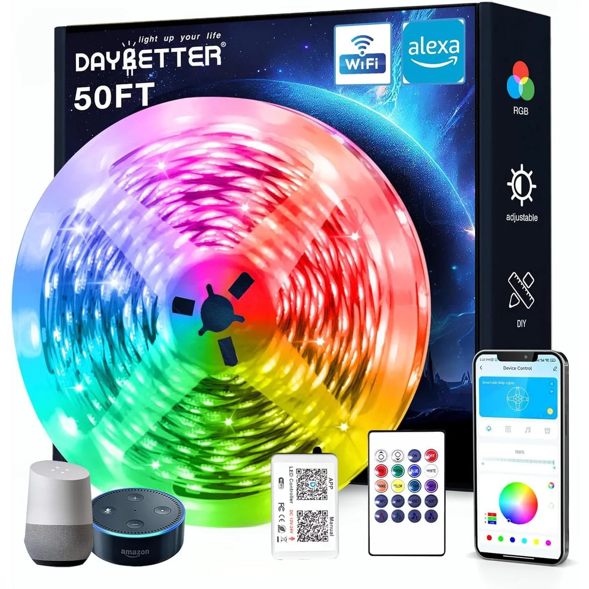 A 50 ft multicolor LED strip on a reel with a power adapter and remote control