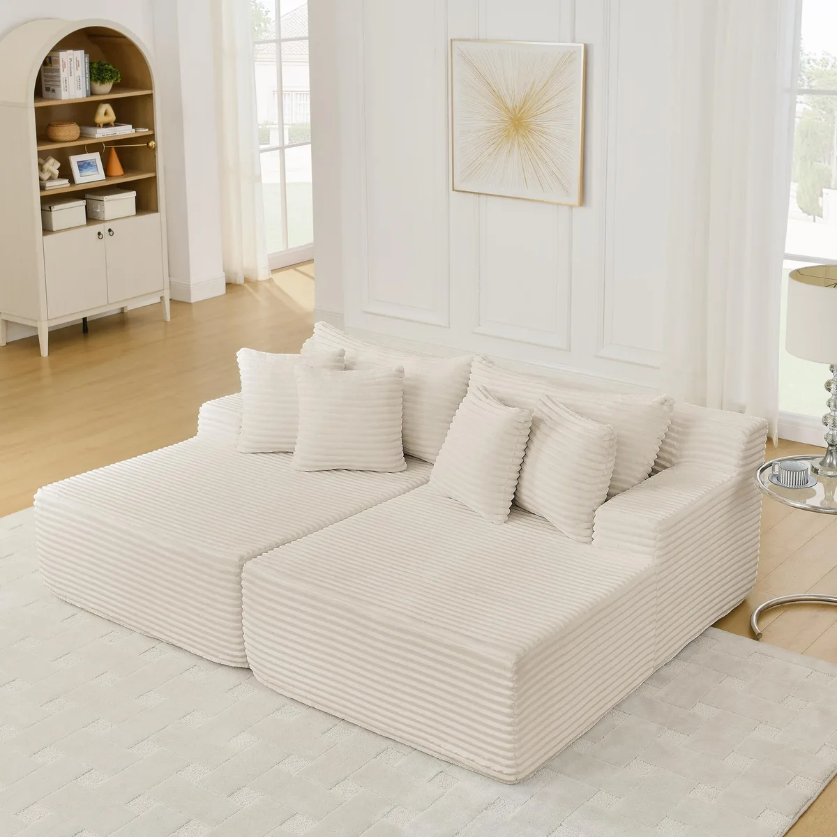 Beige velvet two-seater floor sofa, compressed in box