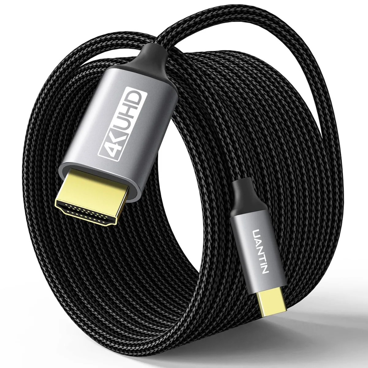 Grey braided USB-C to HDMI cable, 10 ft, aluminium connectors