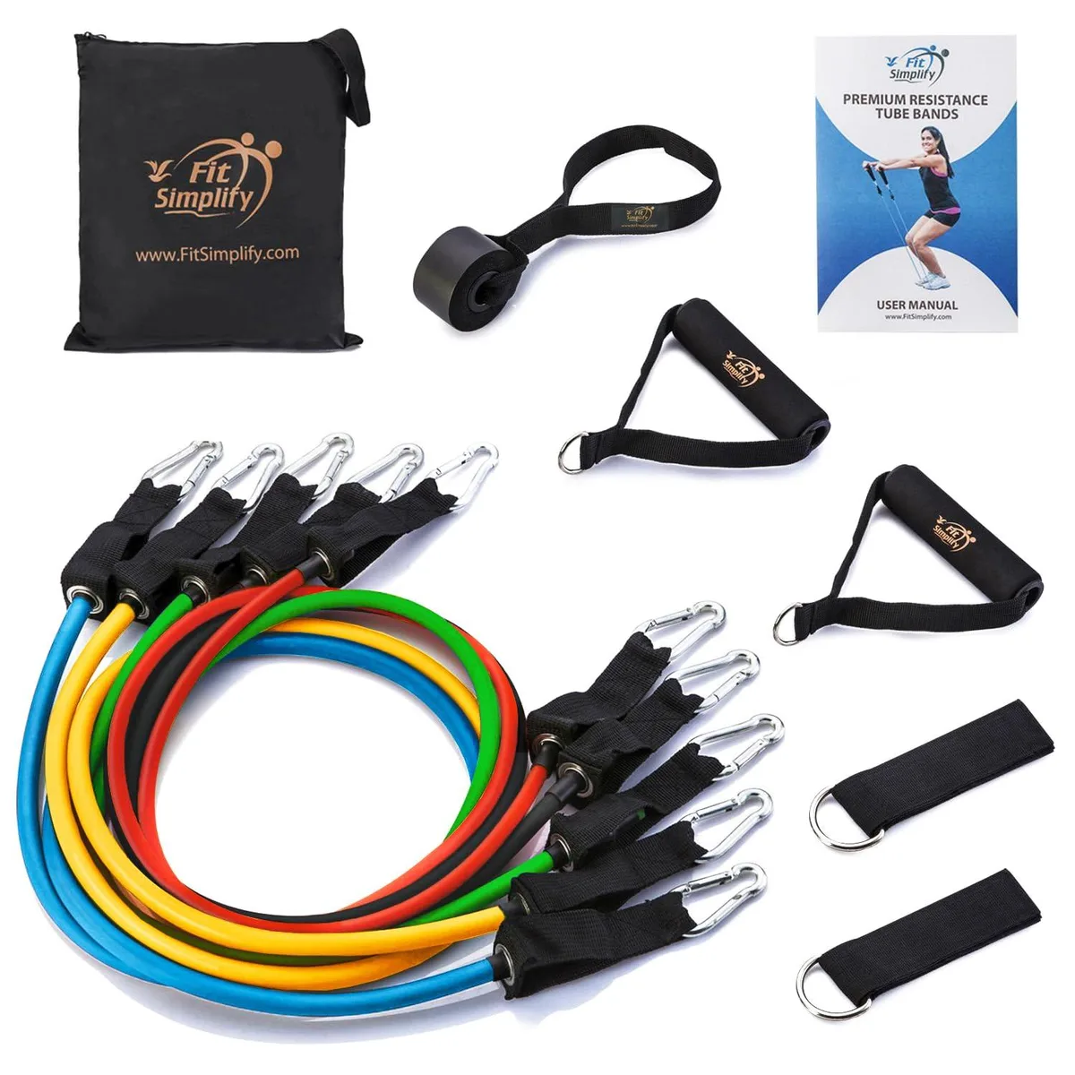 Set of coloured latex tube bands with handles, ankle straps, door anchor and carry bag