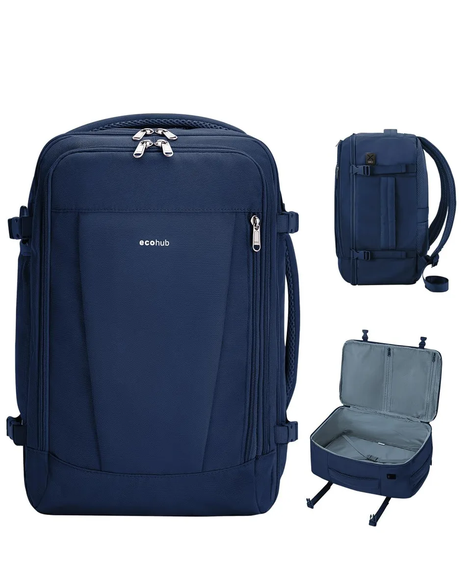 Blue polyester travel backpack, rectangular shape, front zip pockets, top handle, side compression straps