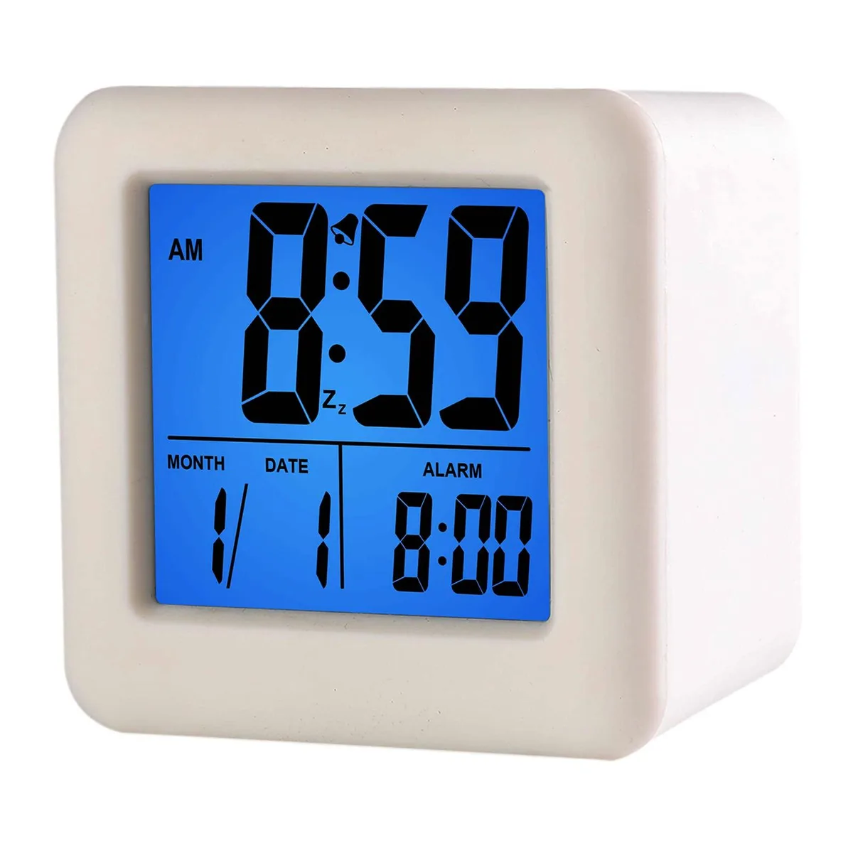 White compact digital travel alarm clock with large LCD display and protective silicone cover