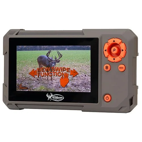 Brown handheld card viewer with 4.3in touchscreen and SD card slot