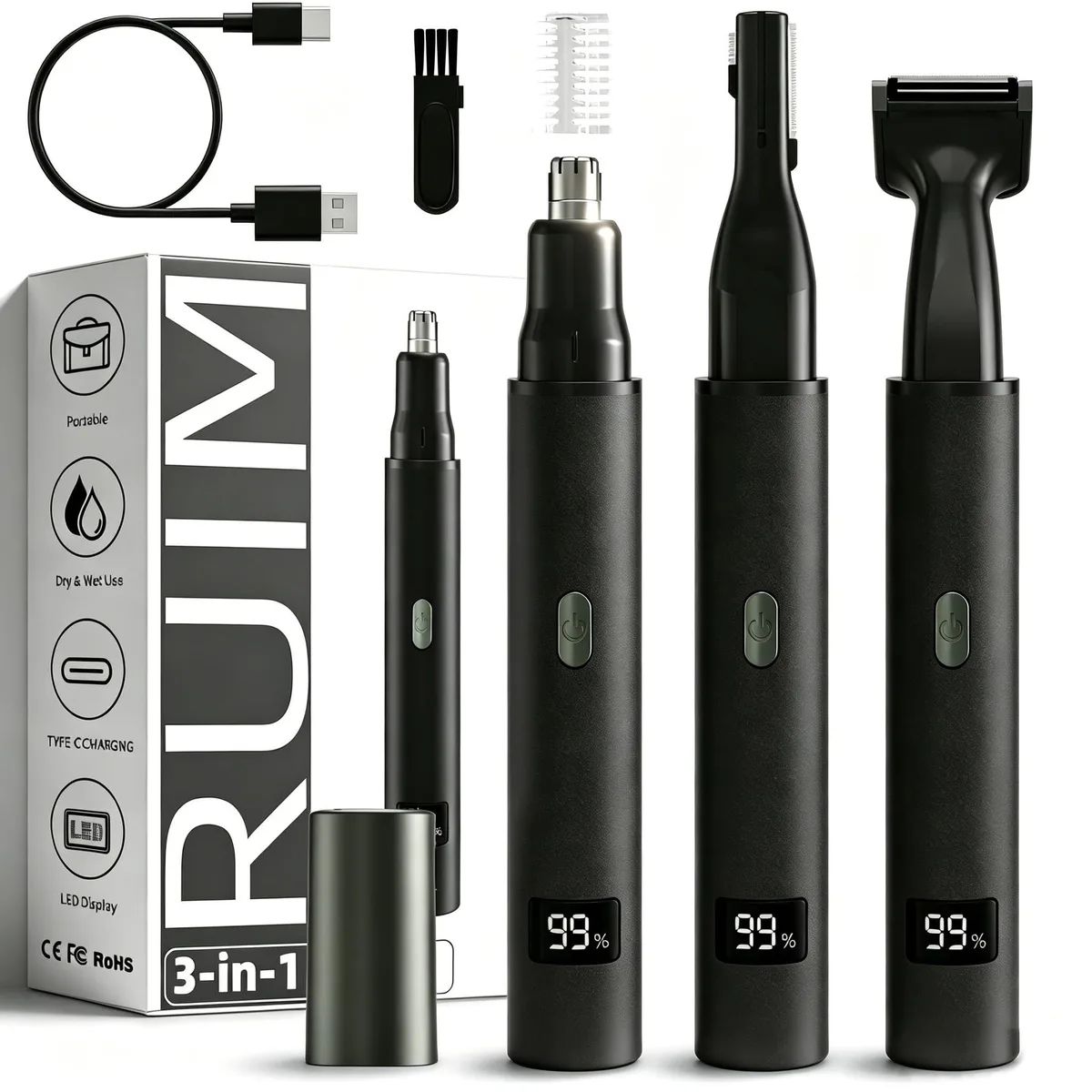 Black cylindrical trimmer with silver dual-blade head and LED display