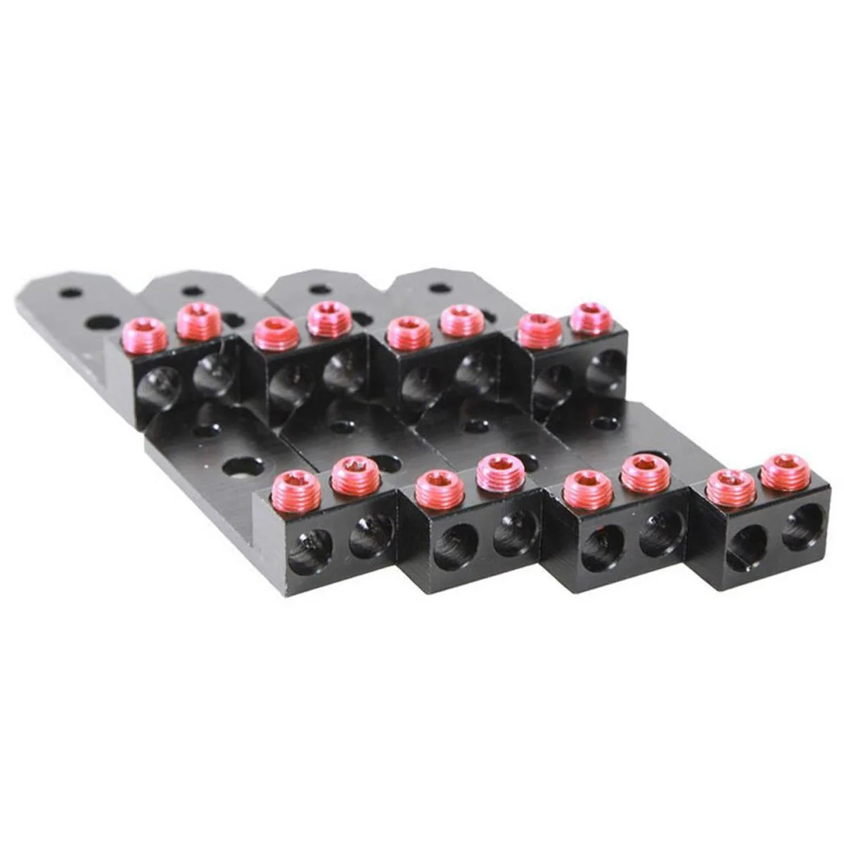Eight black anodised aluminium cable clamps with red rubber grips