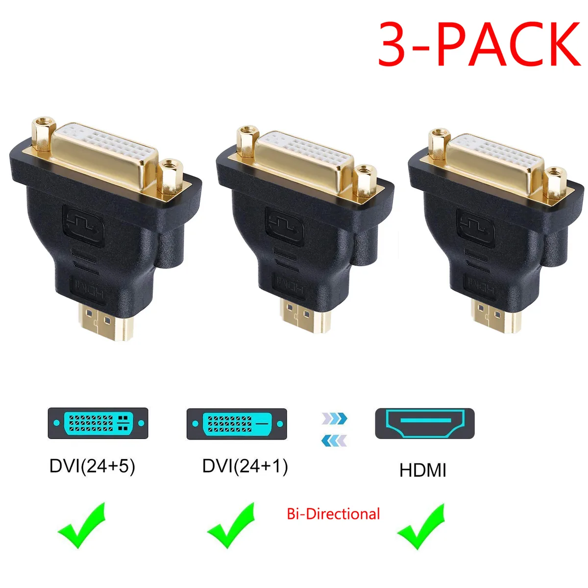LUOM LUOM DVI Female to HDMI Male Adapter Bi-Directional 3-Pack Black — product photo