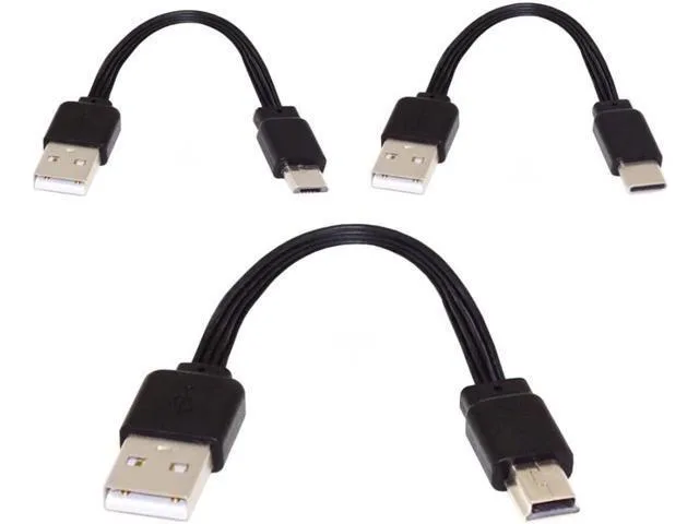 Three flat USB cables, Type-A to Type-C, Micro-USB and Mini-USB, 13cm each