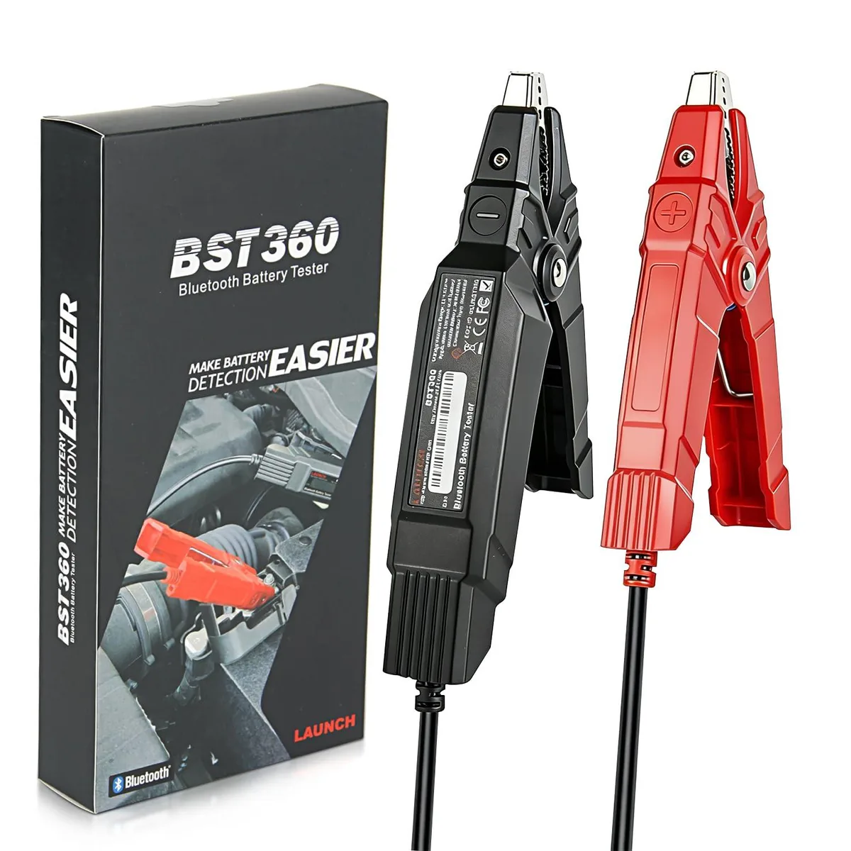 Compact square 12V battery tester with Bluetooth, grey PVC housing and cable clamps