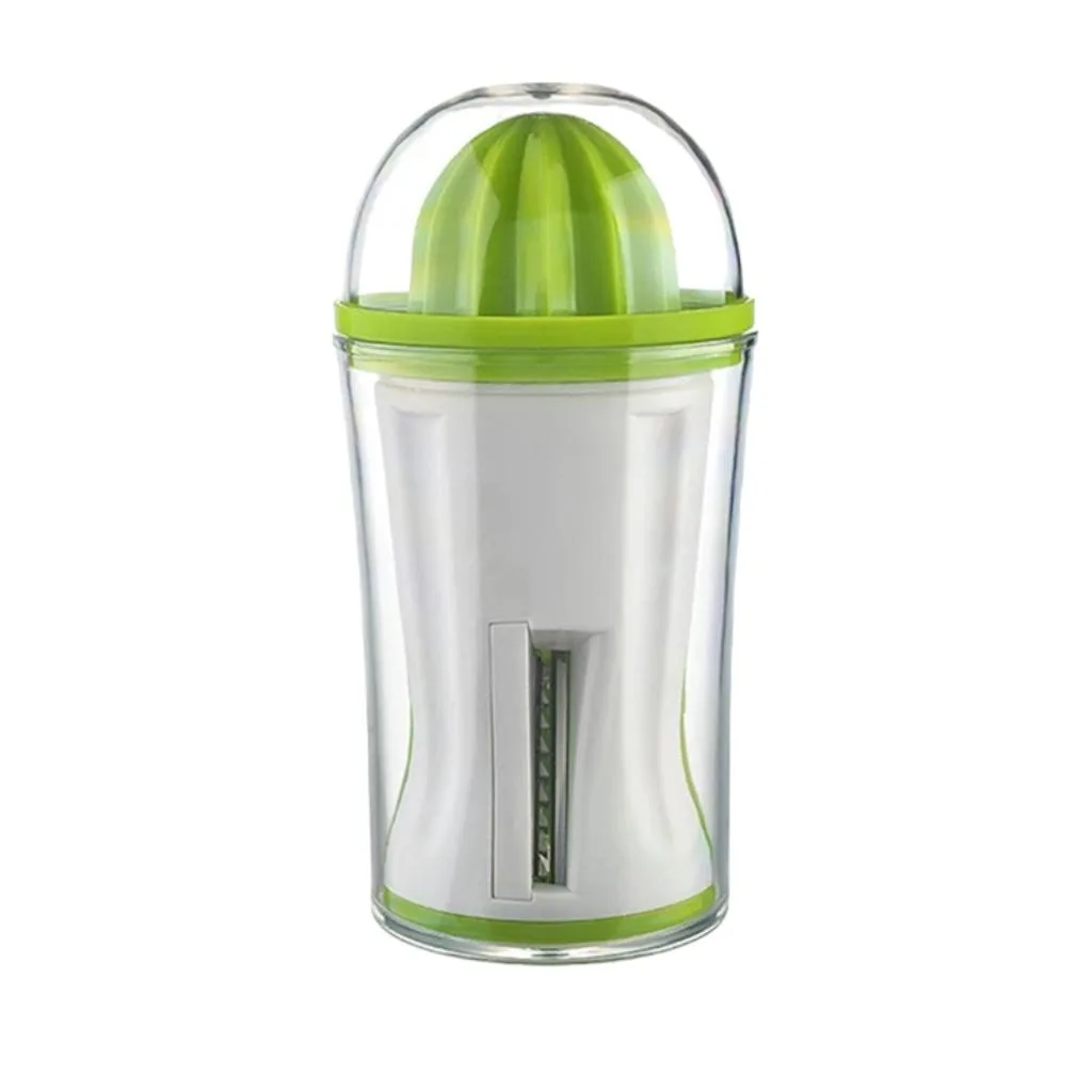 Green plastic 2-in-1 juicer and spiral slicer, compact box shape