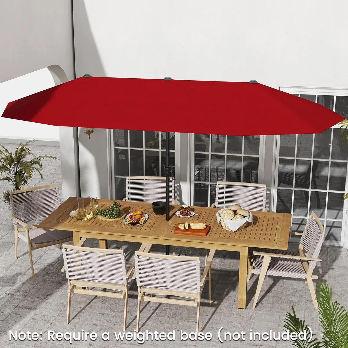 Red 13 ft double-sided patio umbrella with crank handle and metal ribs