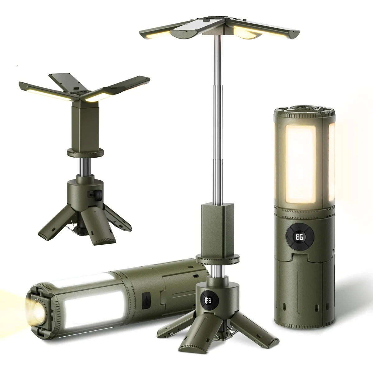 Green telescopic camping lantern on tripod stand, four adjustable LED panels extended to 38 inches