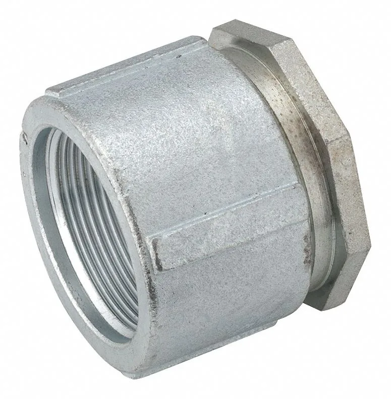 Threaded three-piece iron coupling, zinc-plated gray finish