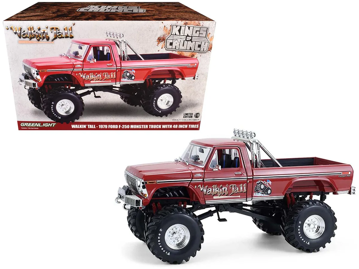 GREENLIGHT GREENLIGHT 1979 Ford F-250 Monster Truck 48-Inch Tires Walkin' Tall Red Kings of Crunch 1/18 Diecast — product photo