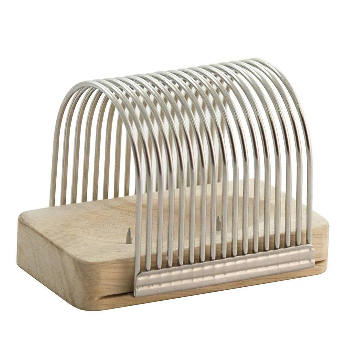 Stainless steel and wood potato slicing rack with metal grid and pins