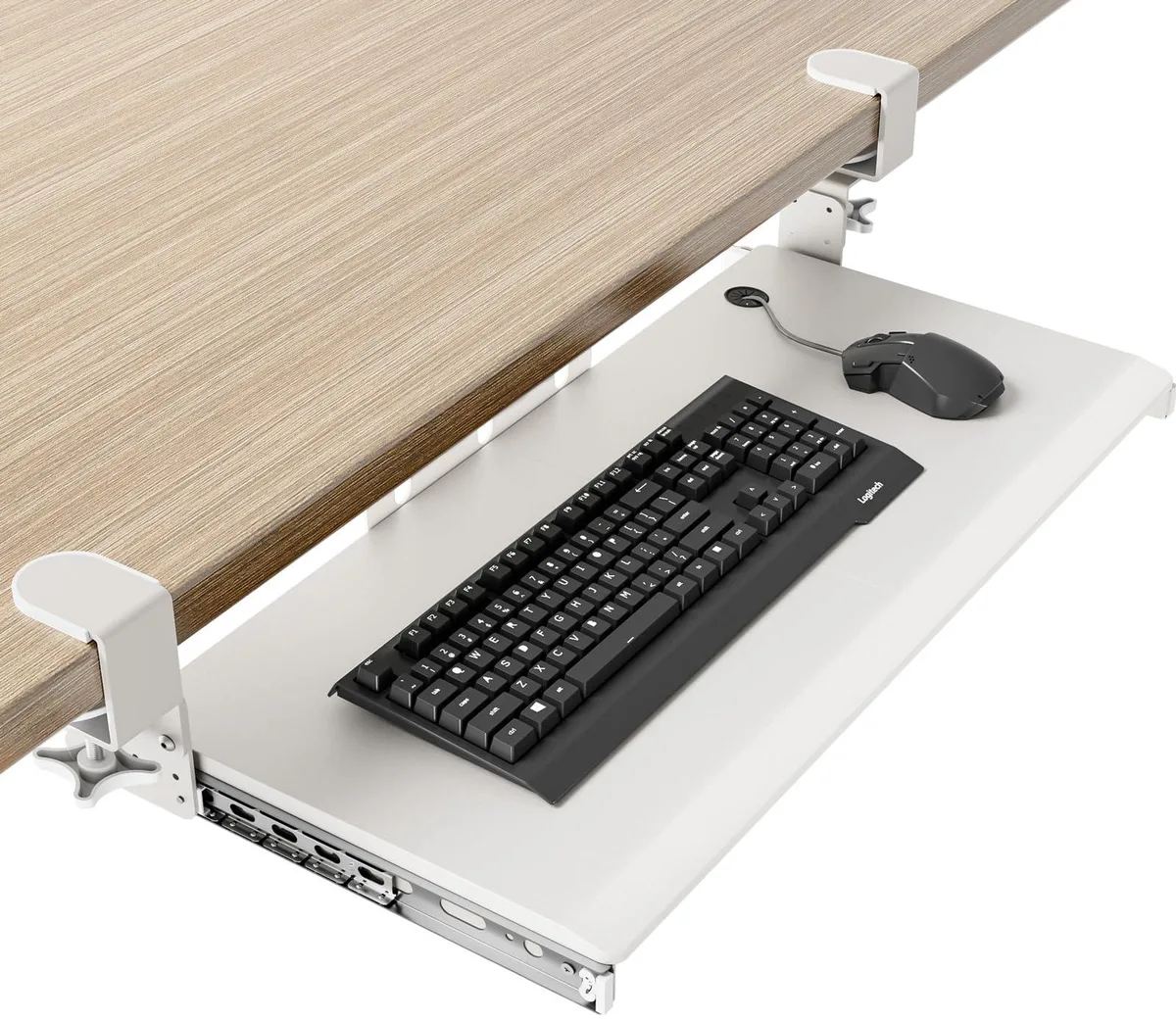 White rectangular keyboard tray on adjustable C-clamps, slide-out platform with cable management cutout