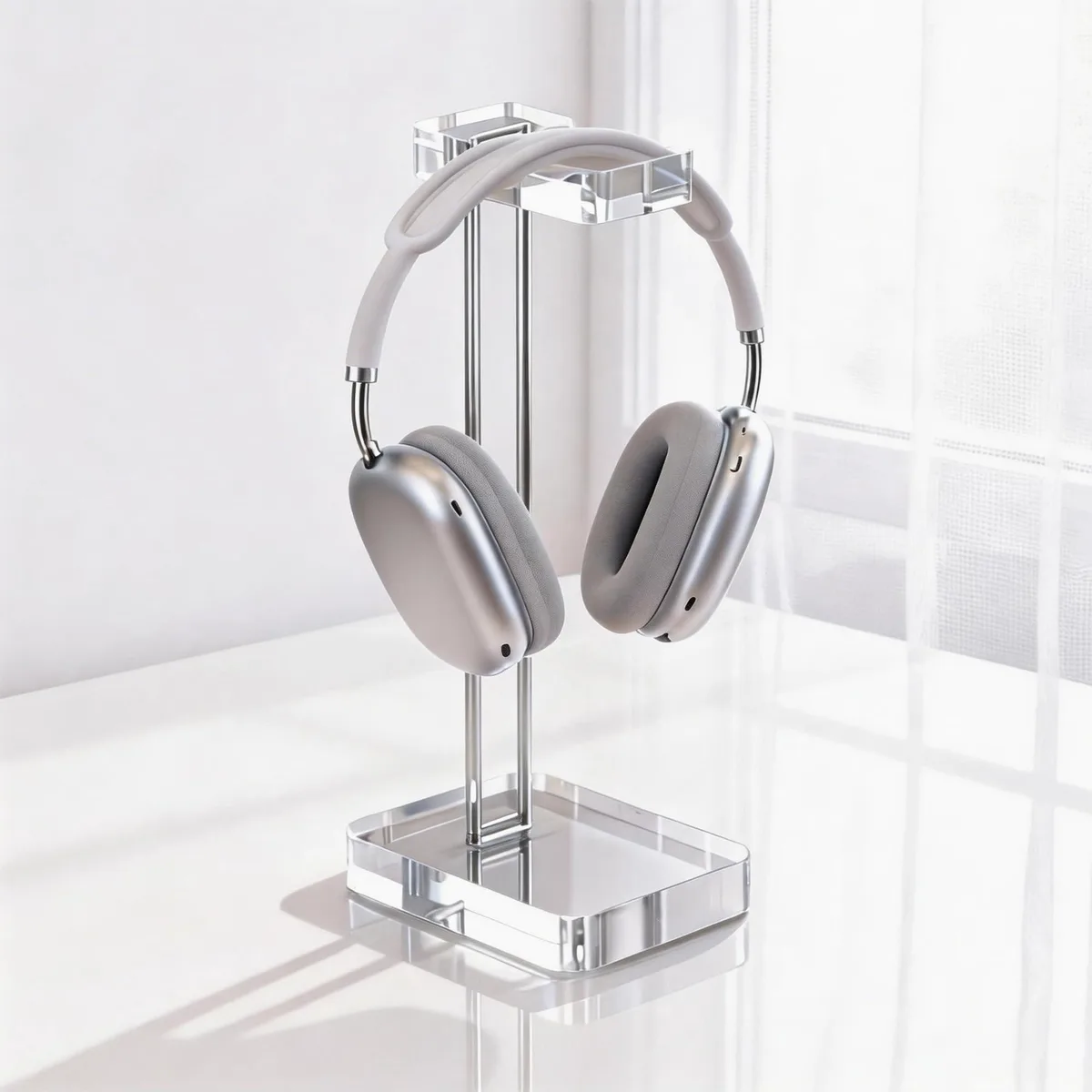 Crystal-clear acrylic headphone stand with silver hardware, 10.5 inches tall