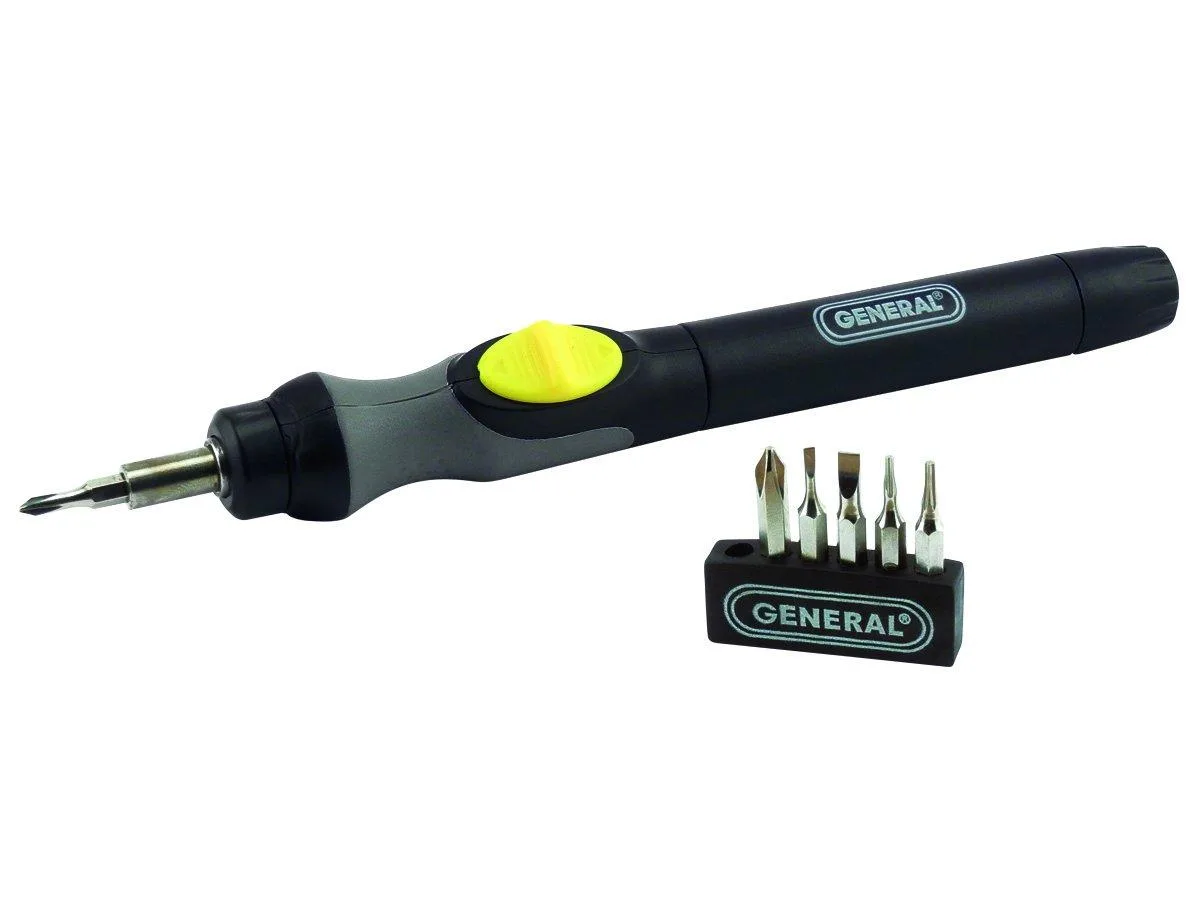 Black pen-style cordless screwdriver with rubber grip and six bits