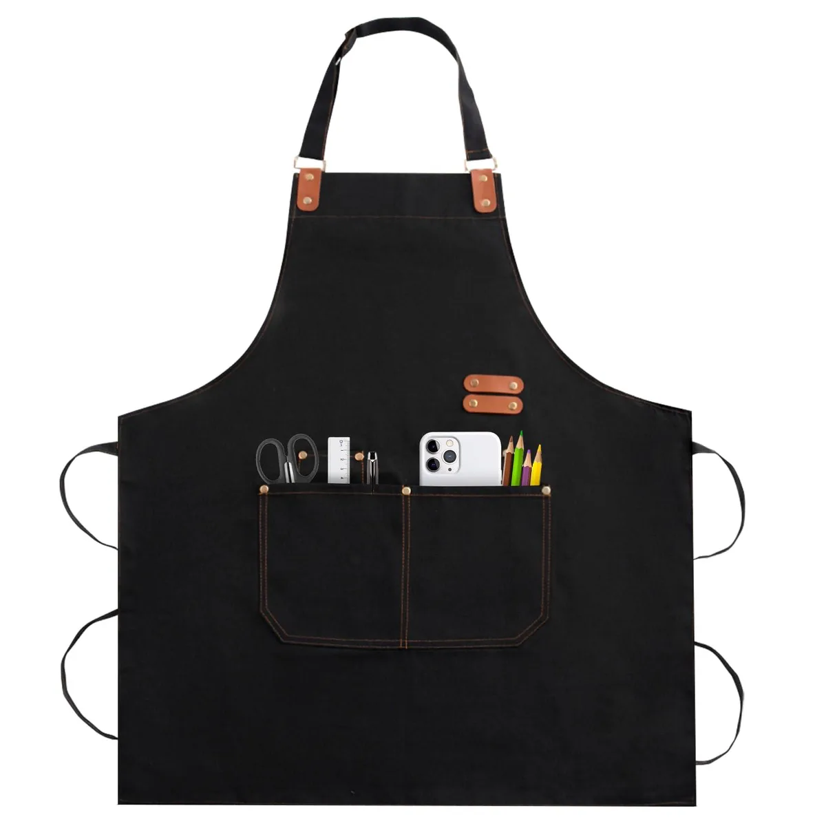 Black canvas apron with four front pockets and adjustable straps