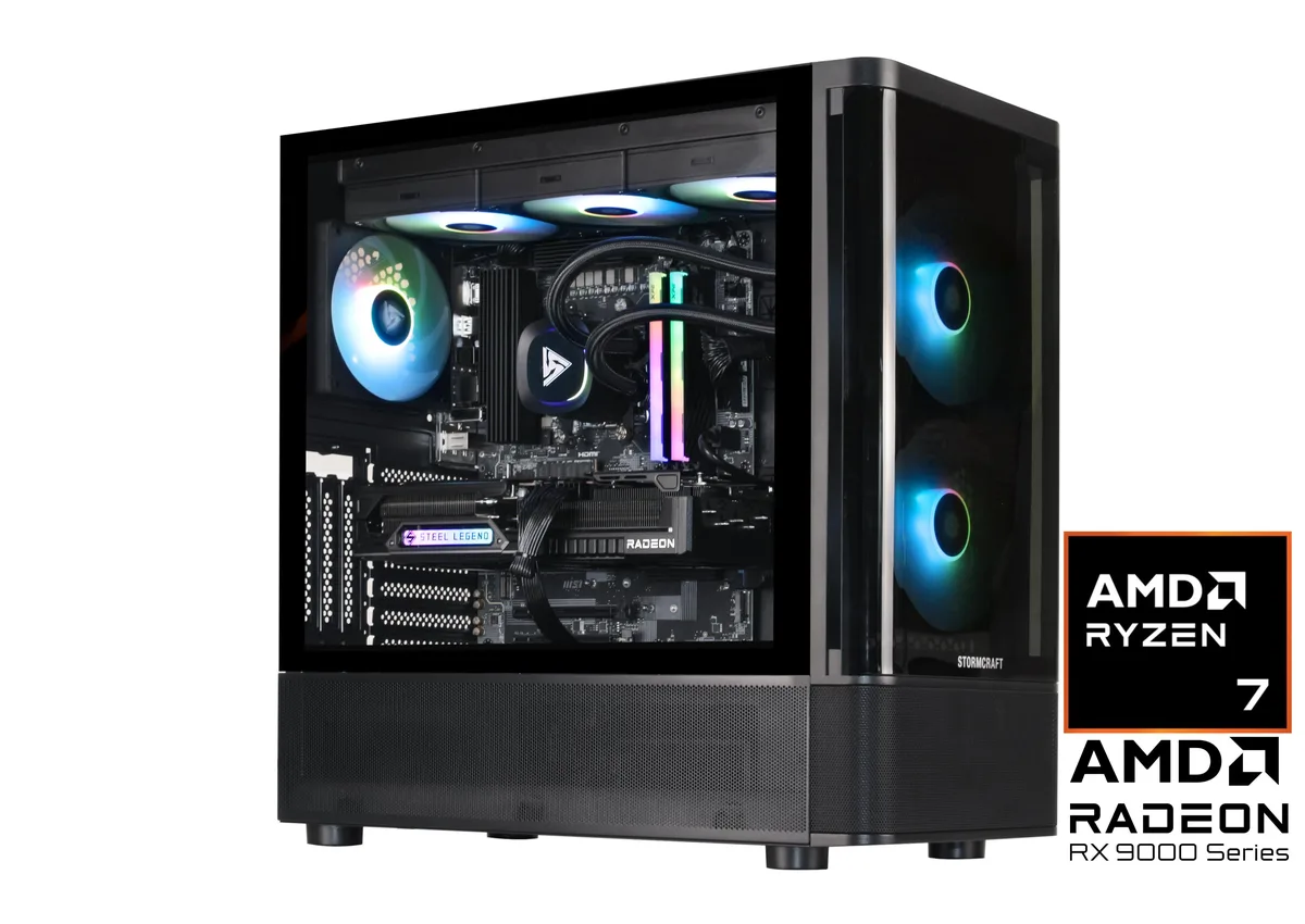 STORMCRAFT STORMCRAFT SP780XDCC-97BN1 gaming PC Ryzen 7 7800X3D Radeon RX 9070 XT 16GB 32GB DDR5 6000MHz 2TB NVMe Gen — product photo