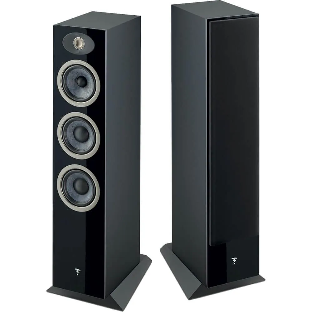 Black high-gloss floorstanding speaker with wood-effect side panels