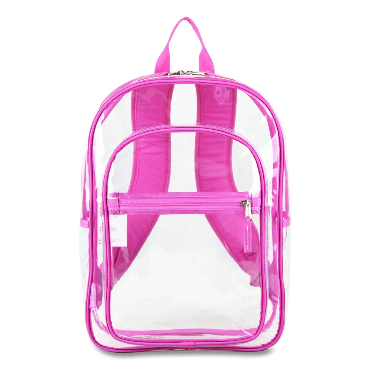 Clear PVC backpack with pink trim, top handle and shoulder straps
