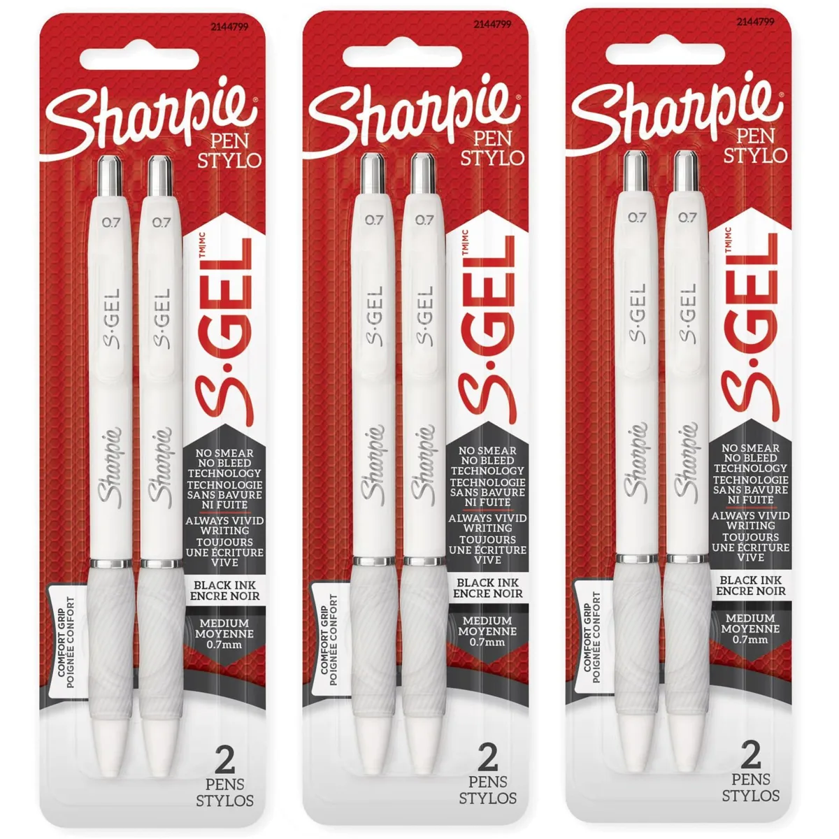 Six retractable gel pens, blue barrels, black ink, rubber grips