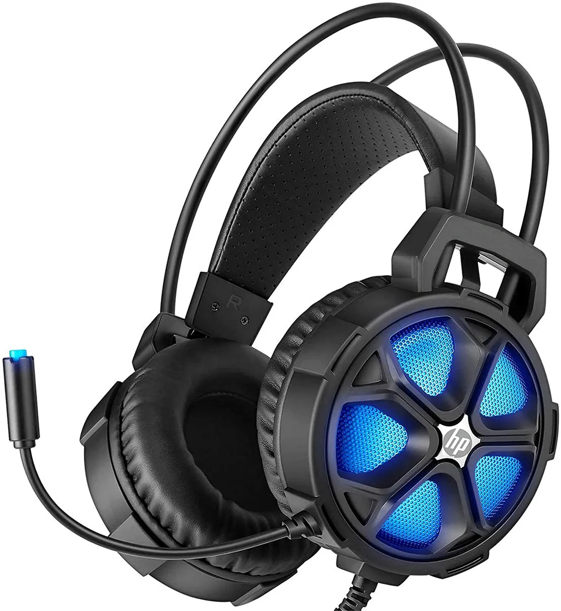 Black over-ear headset with flexible microphone and LED lighting