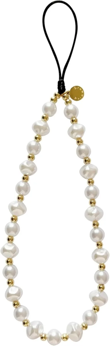 White pearl beaded wrist strap with loop fastener