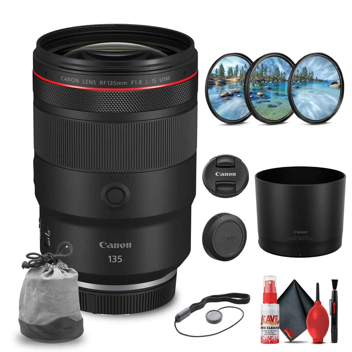 Canon Canon RF 135mm f/1.8 L IS USM bundle with Extender 1.4x, Filter Kit, Cleaning Kit and Lens Cap Keeper — product photo