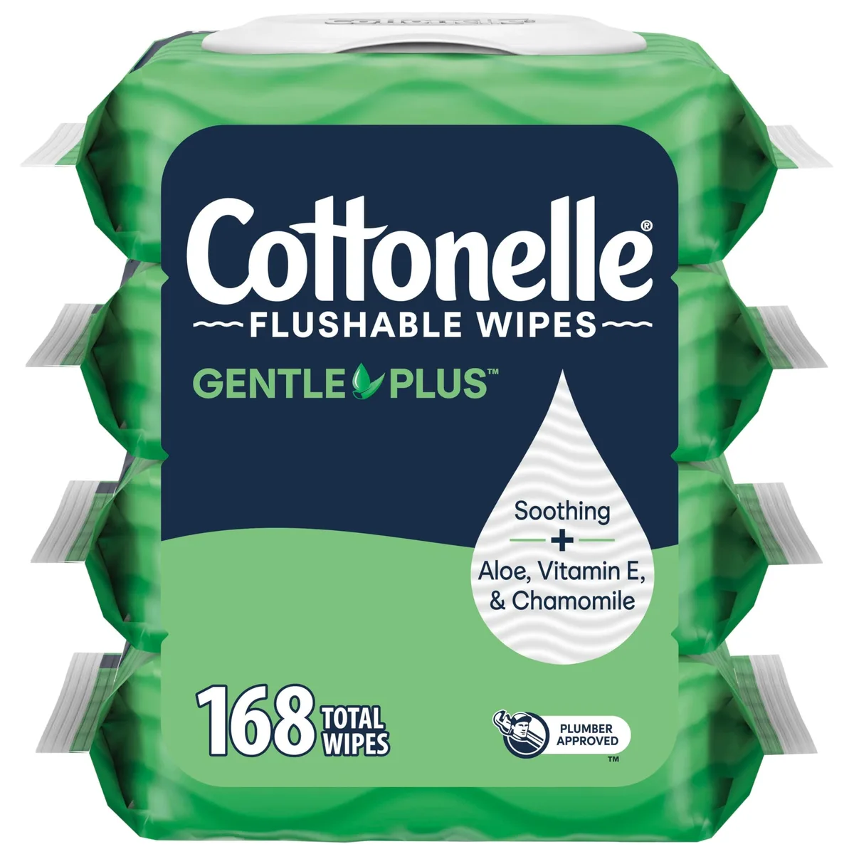 Four white flip-top packs of flushable wet wipes