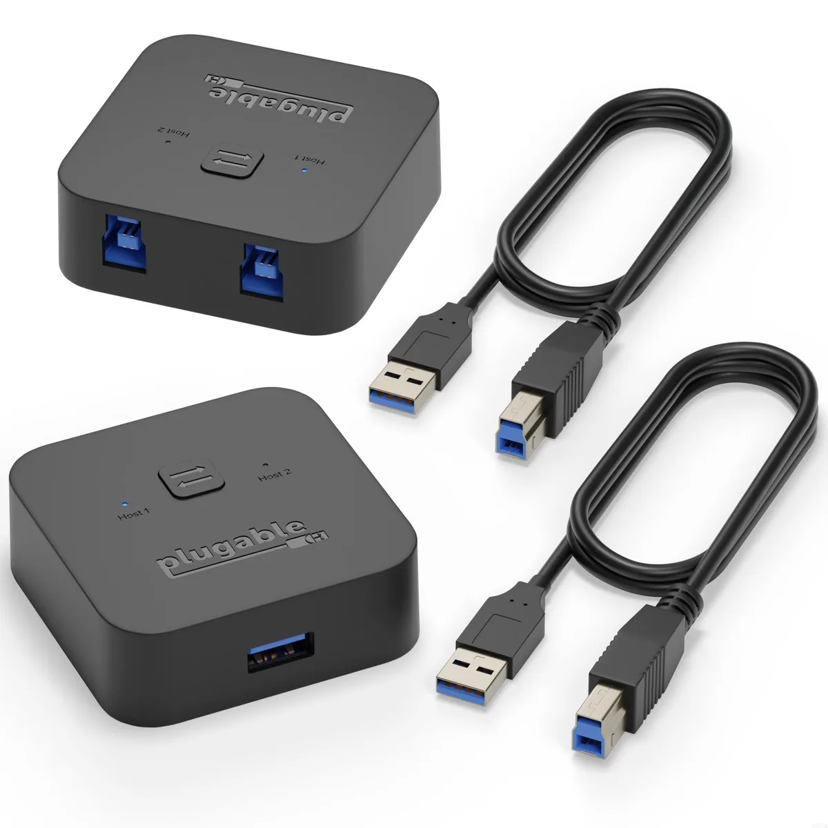 Small rectangular USB 3.0 sharing switch with one button and two LED lights