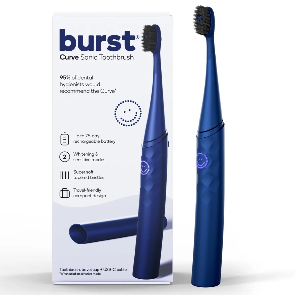 Cobalt-blue curved electric toothbrush with compact handle and travel cap