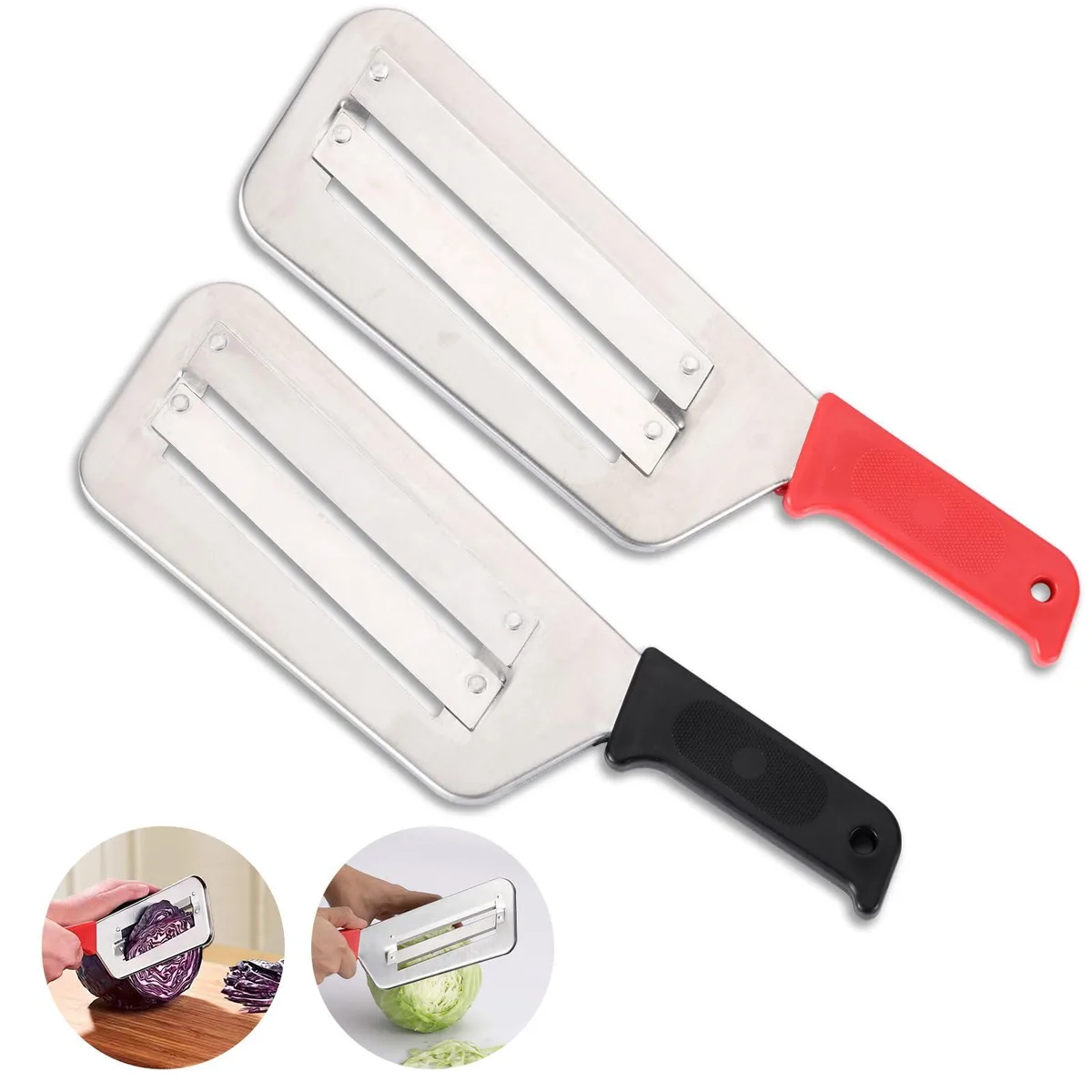 Two cabbage shredders with stainless steel blades and black red handles