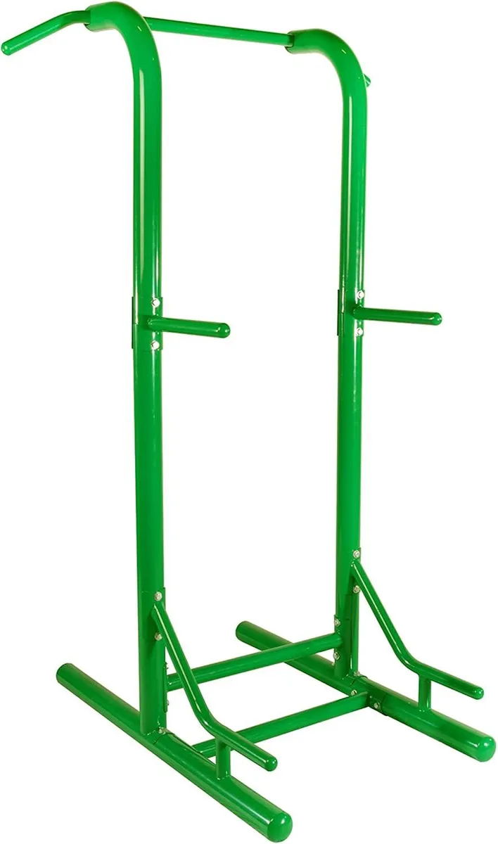 Green steel pull-up tower with dip bars and backrest