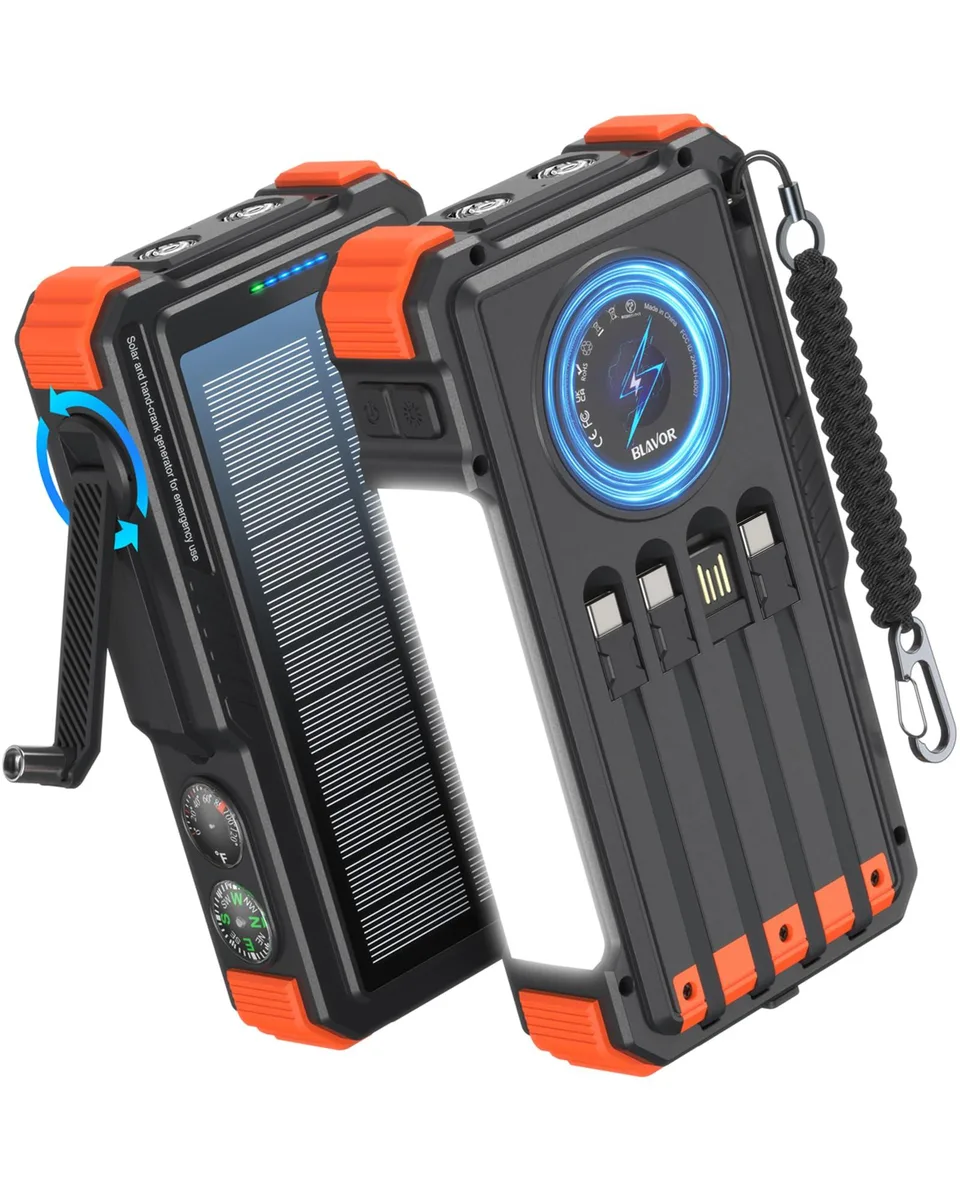 BLAVOR B007 20000mAh power bank with hand crank, solar, wireless, 4 built-in cables, camping light — product photo