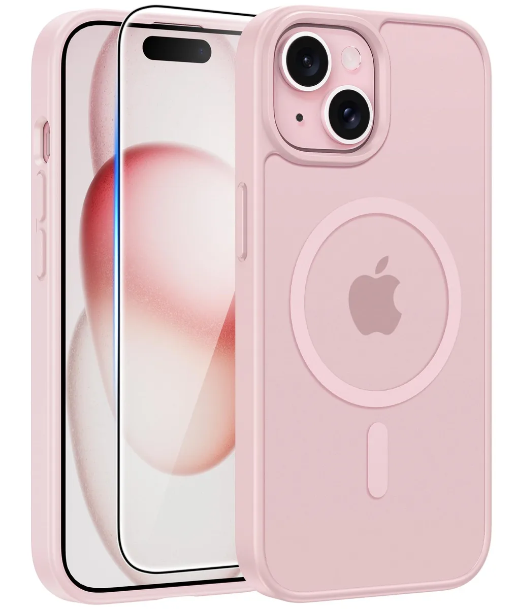 Translucent matte light pink phone case with screen protector