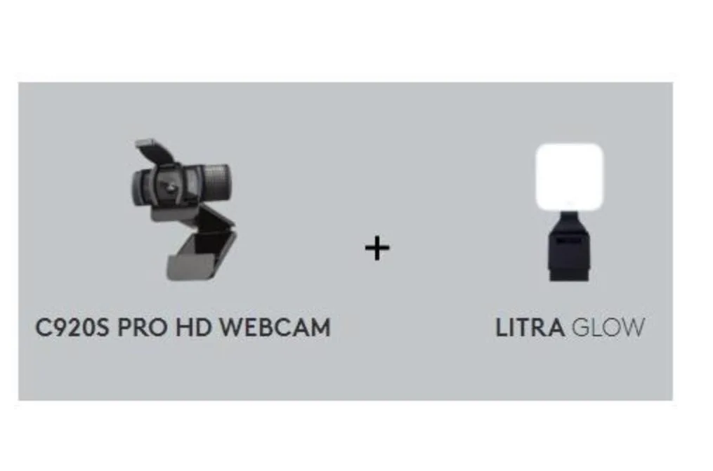 Logitech C920s webcam with Litra Glow light attached