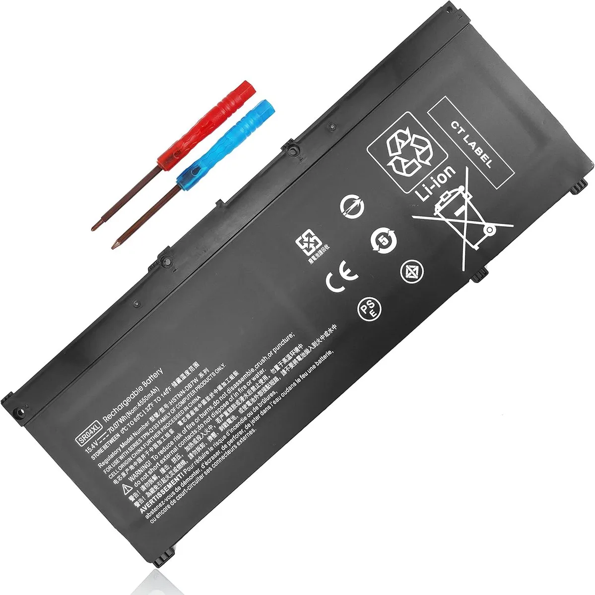 Black rectangular lithium-ion laptop battery with connector, four cells, 70.07Wh 15.4V