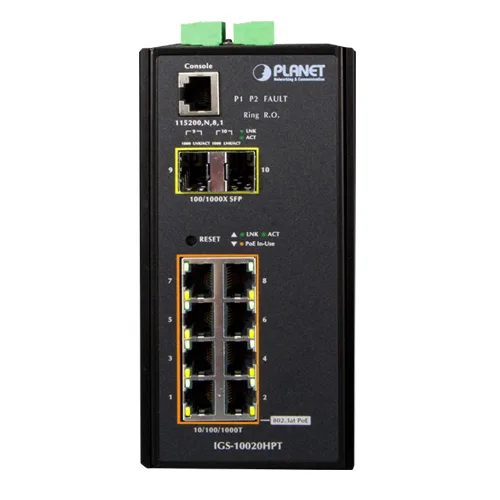 PLANET PLANET IGS-10020HPT 8-Port Gigabit PoE+ 2-Port SFP Managed Industrial Switch — product photo