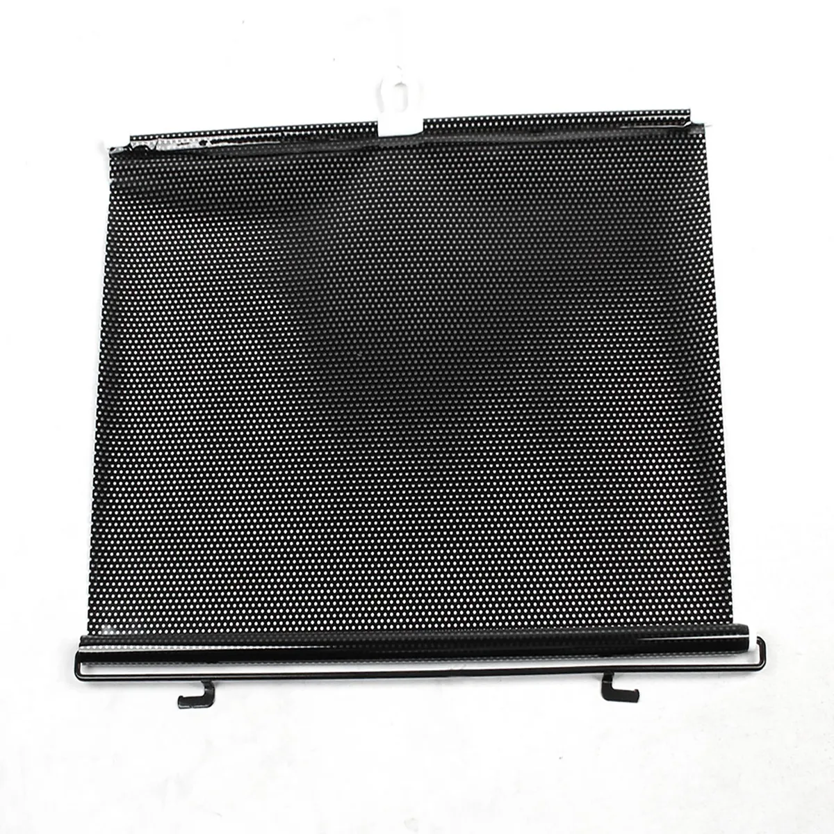 Black retractable window shade roller with three suction cups, mesh fabric extended in a rectangular frame