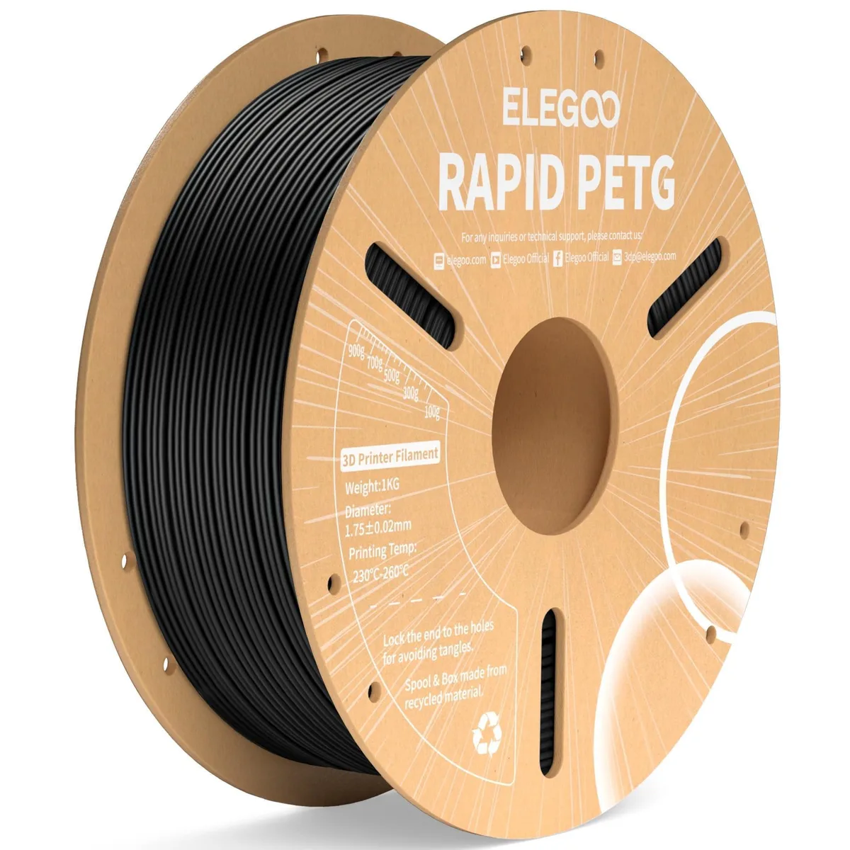 Black PETG filament on a cardboard spool