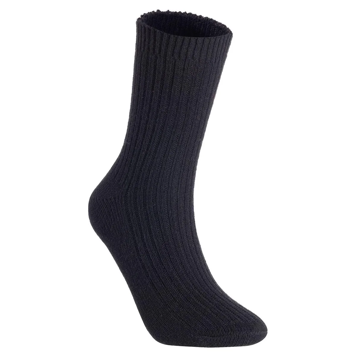 Black wool crew socks folded flat on surface