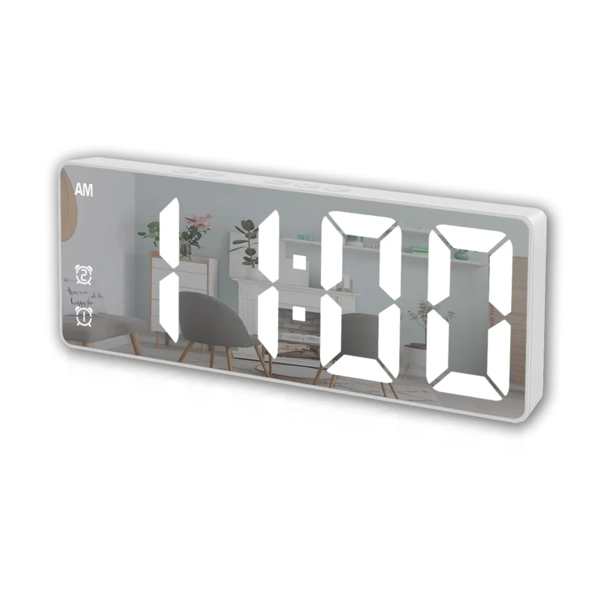 White rectangular digital alarm clock with mirror surface display showing white digits