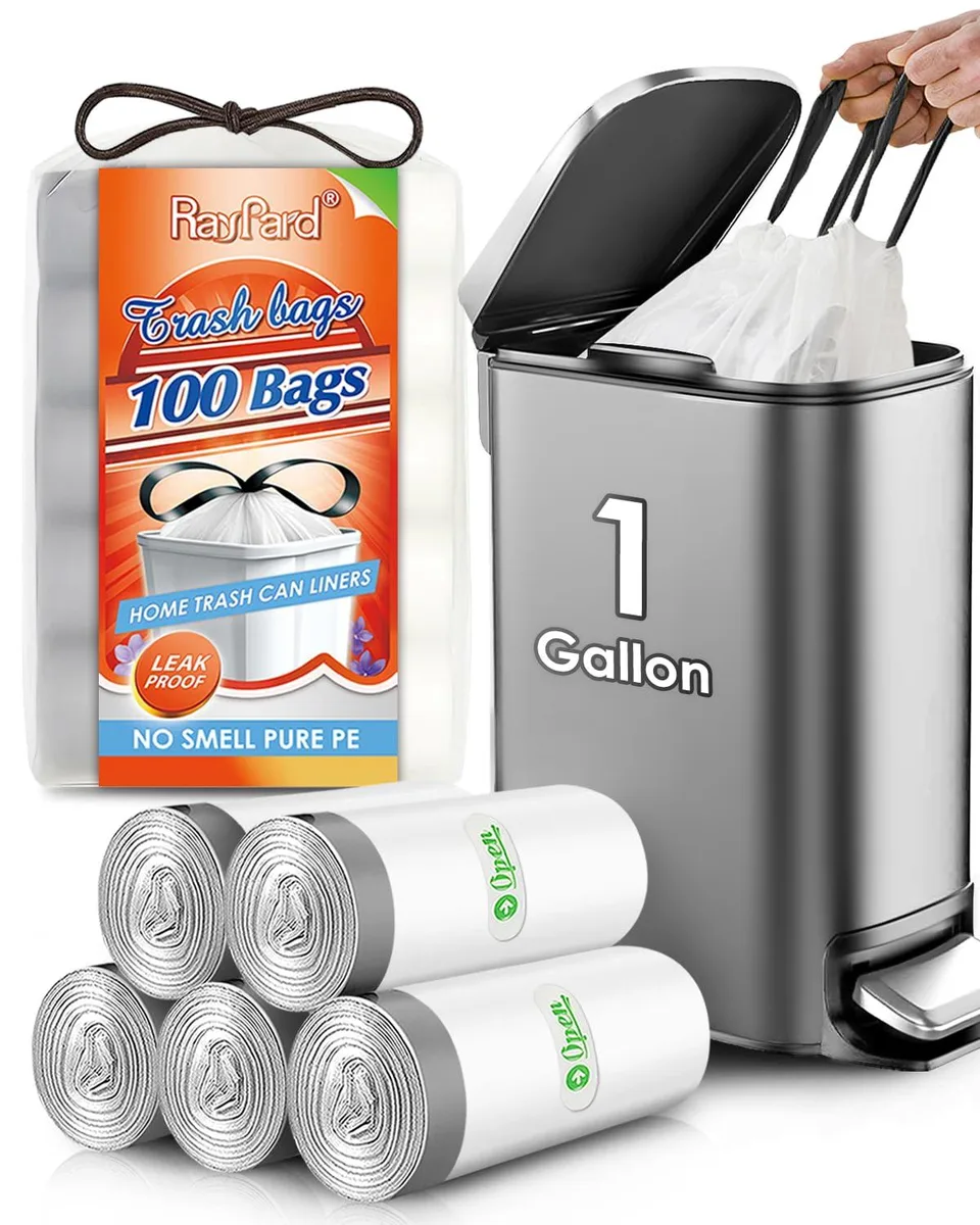 White drawstring trash bags on a roll pack of 100