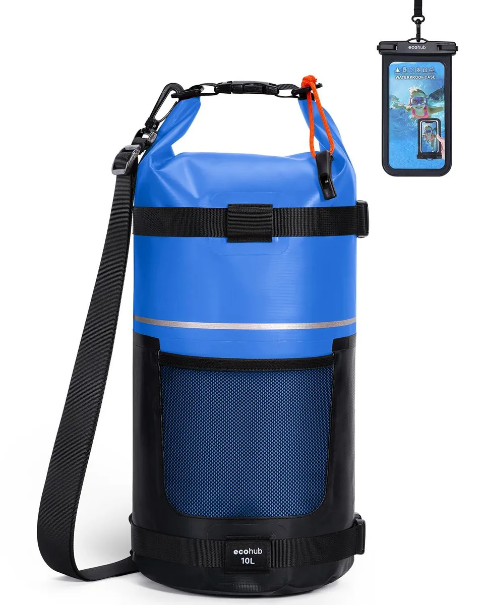 Black roll-top dry bag backpack with single shoulder strap and front mesh pocket