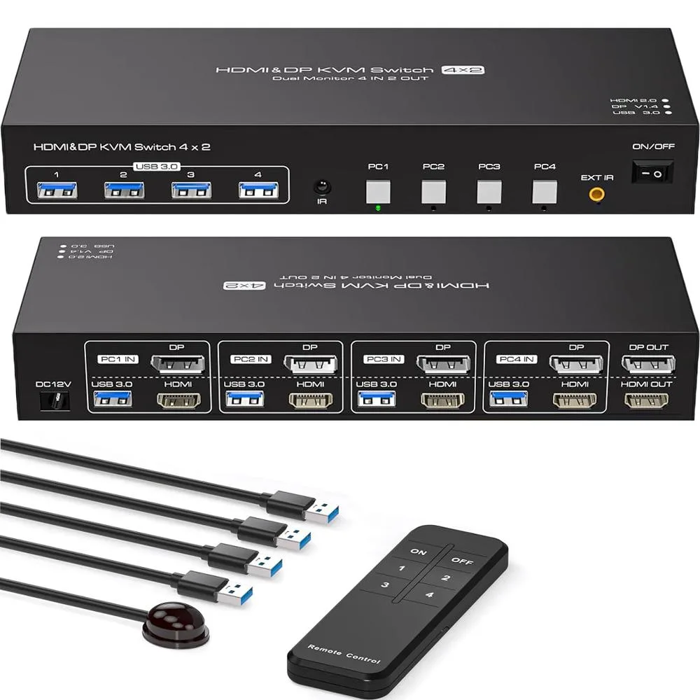ESTONE ESTONE SW244-1DP1HD 4-Port Dual Monitor KVM Switch 4K@60Hz — product photo